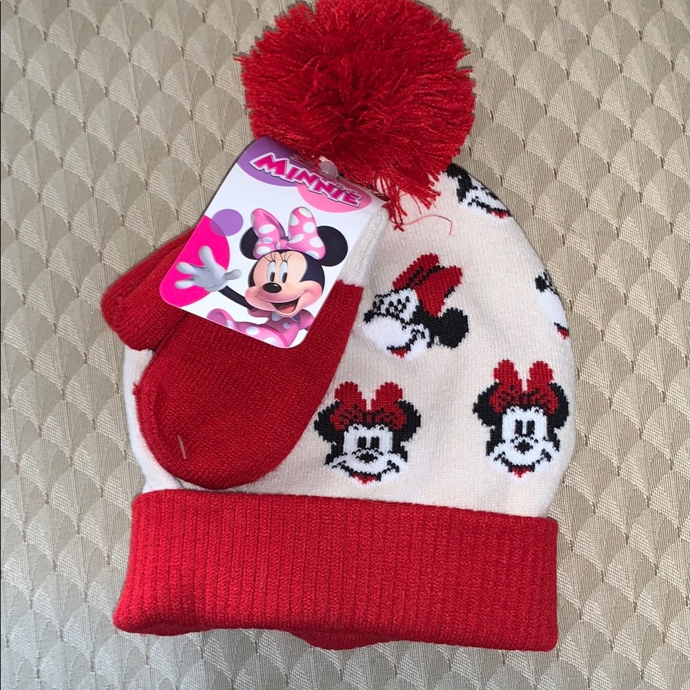 Disney Red and Beige Mini Mouse Knit Hat with Pom-Pom and gloves